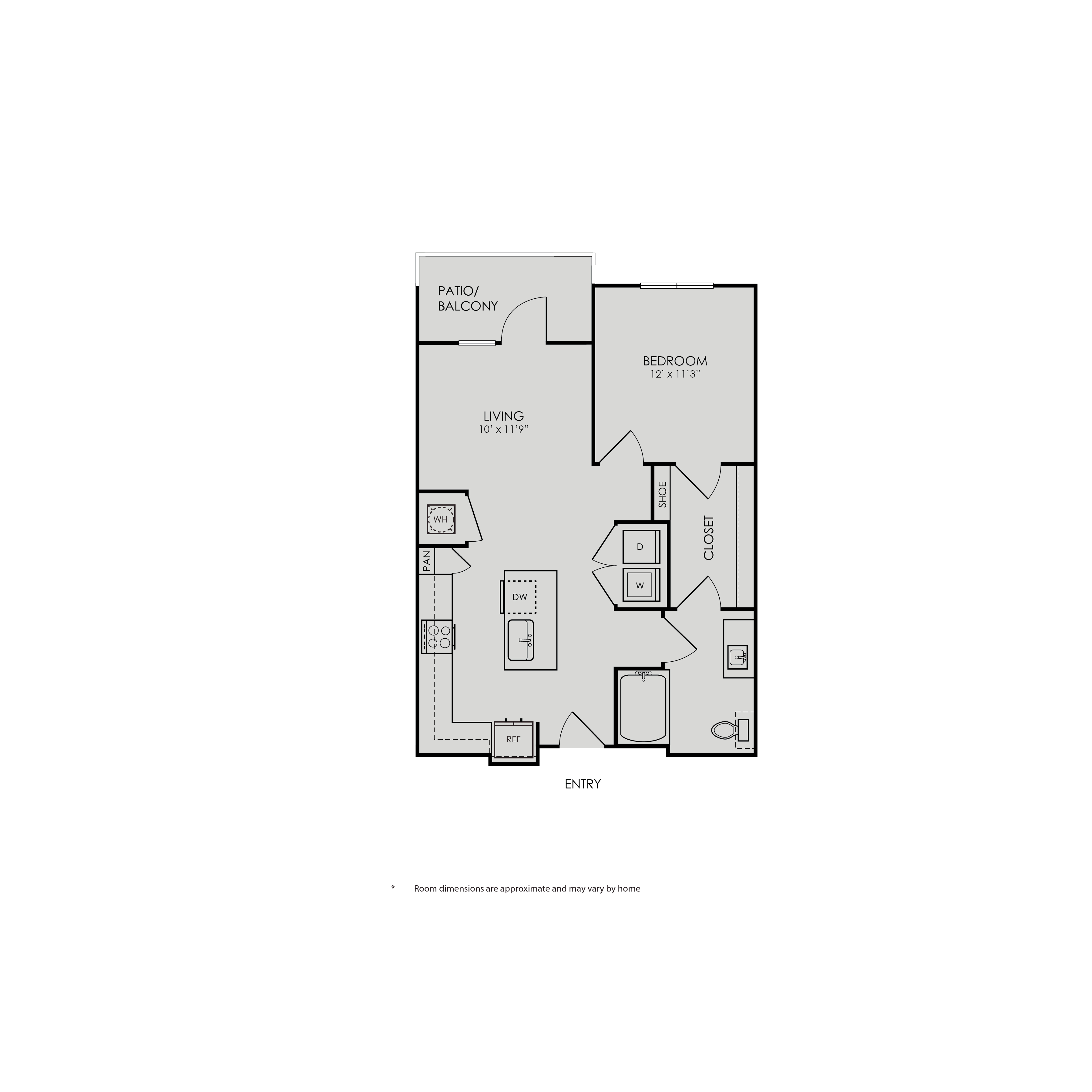 Floor plan for 1 bed, 1 bath, 742 sqft